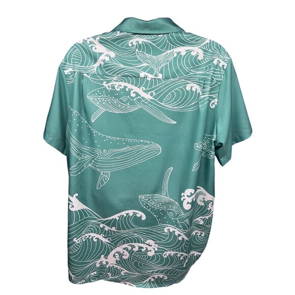 Mens Green Hawaiian Aloha Graphic Whales Ocean Button Up Camp Shirt 2XL - Picture 2 of 7